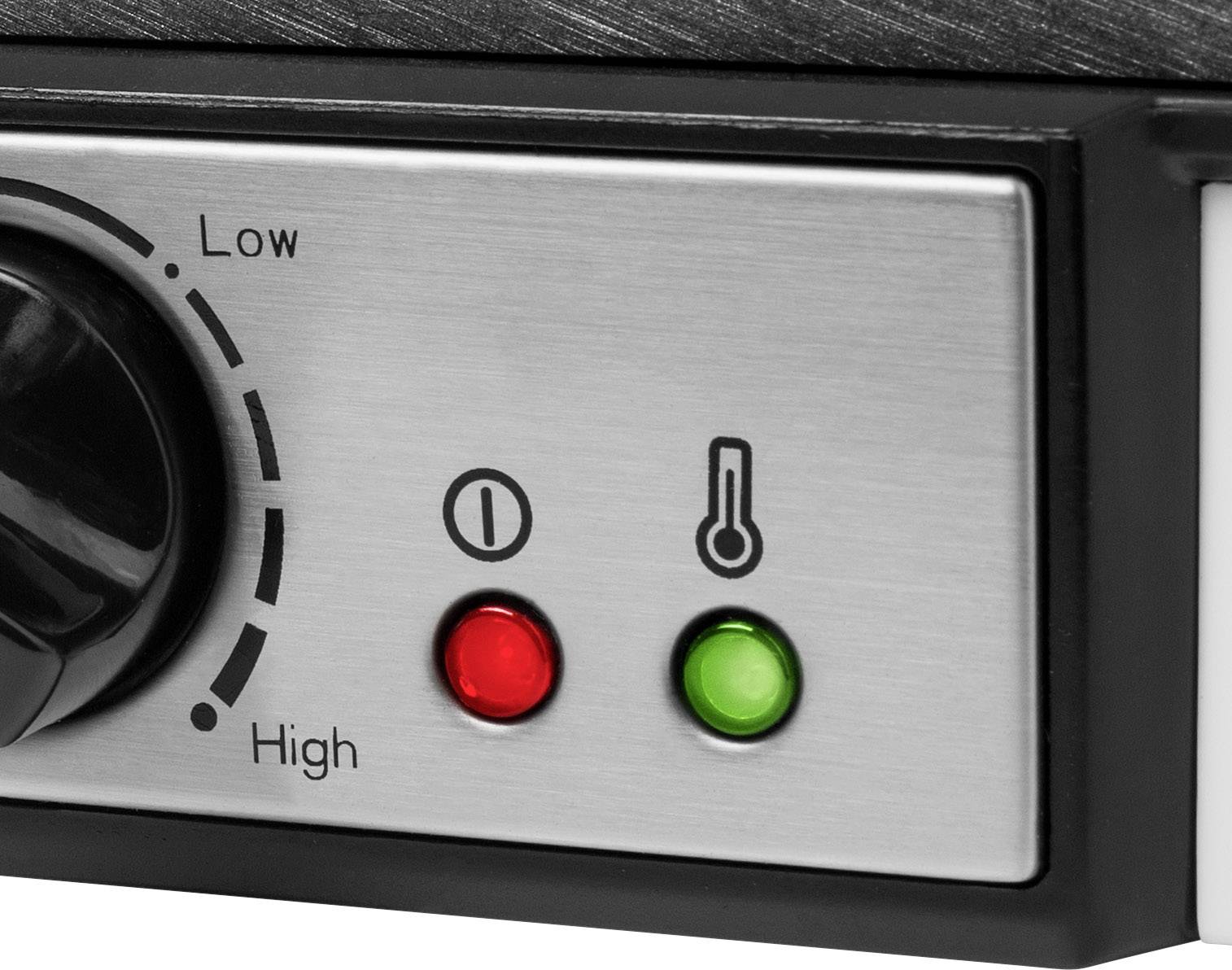 Pokrętło sterujące z oznaczeniami 'Low' i 'High', obok niego dwie lampki kontrolne: jedna czerwona i jedna zielona, a także symbol temperatury.