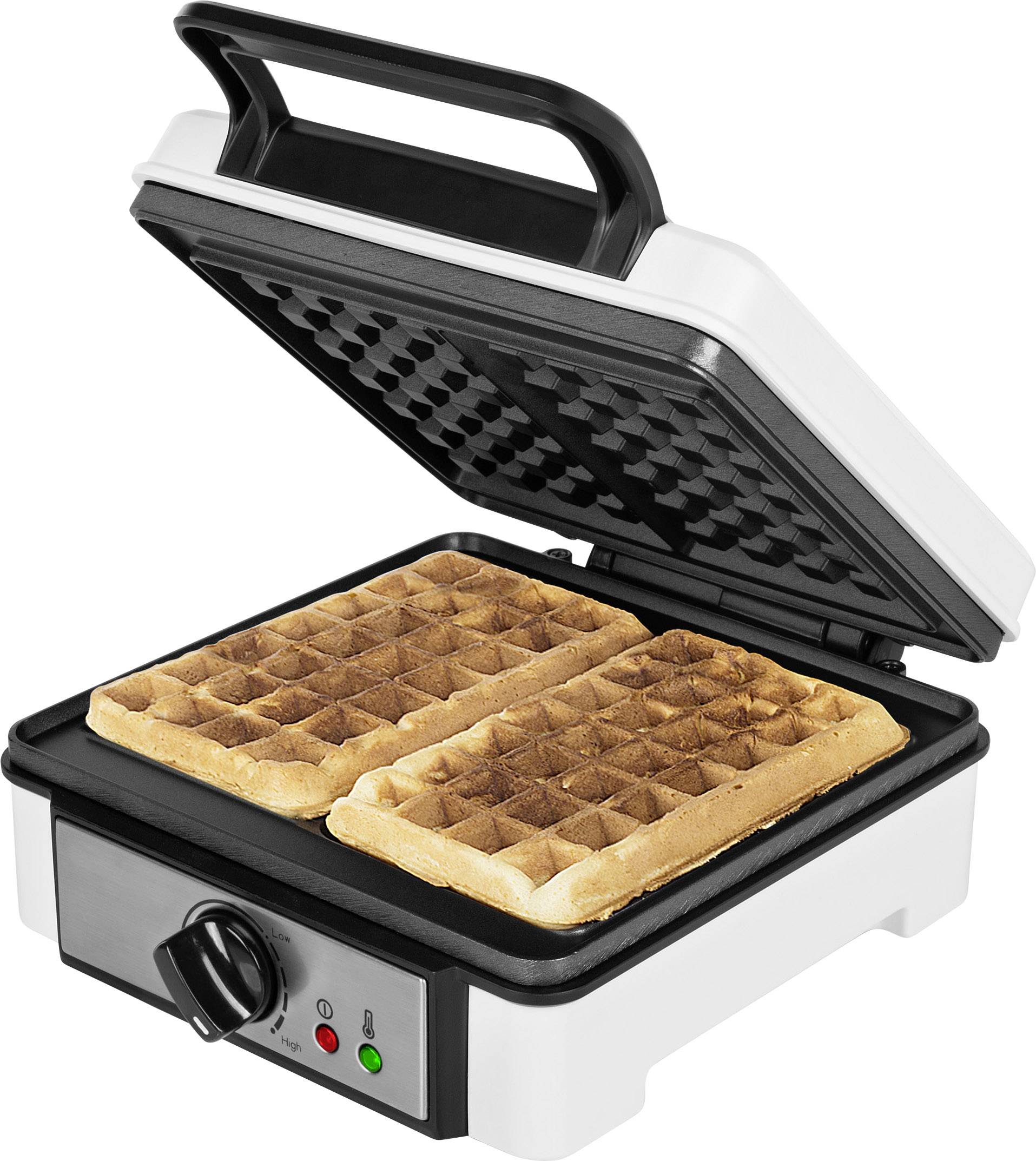 Żelazko do gofrów z otwartą pokrywą prezentuje dwa złotobrązowe gofry. Z przodu widoczne są włącznik i małe lampki.