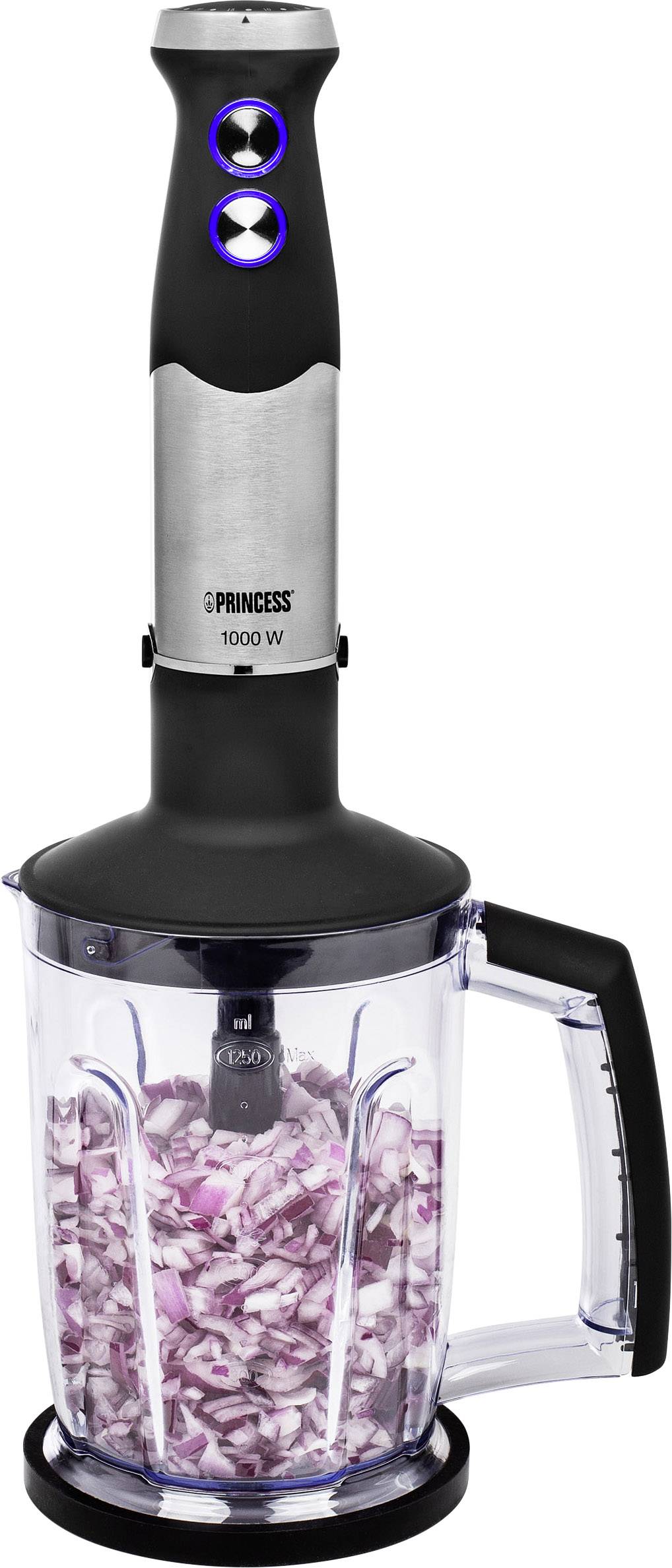 Blender ręczny z pojemnikiem wypełnionym posiekanymi cebulami, o mocy 1000 W.