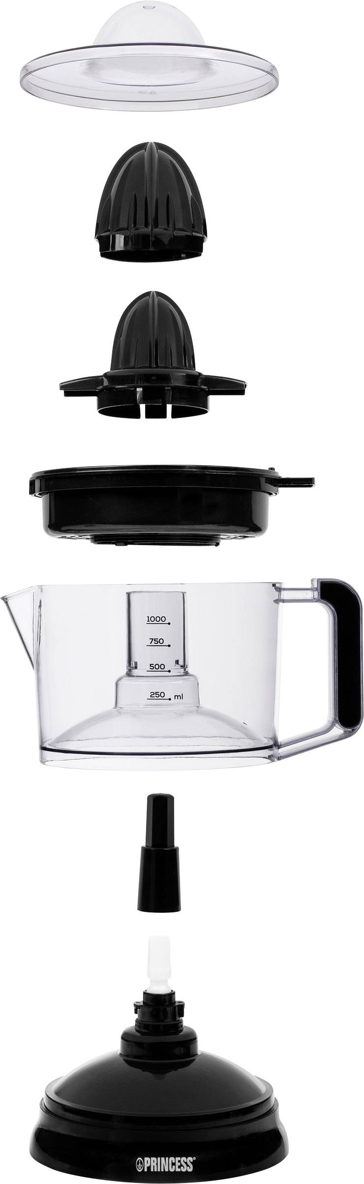 Widok rozłożony sokowirówki elektrycznej: pokrywa, prasujący stożek, pojemnik ze skalą od 150 ml do 400 ml, podstawa z przewodem.