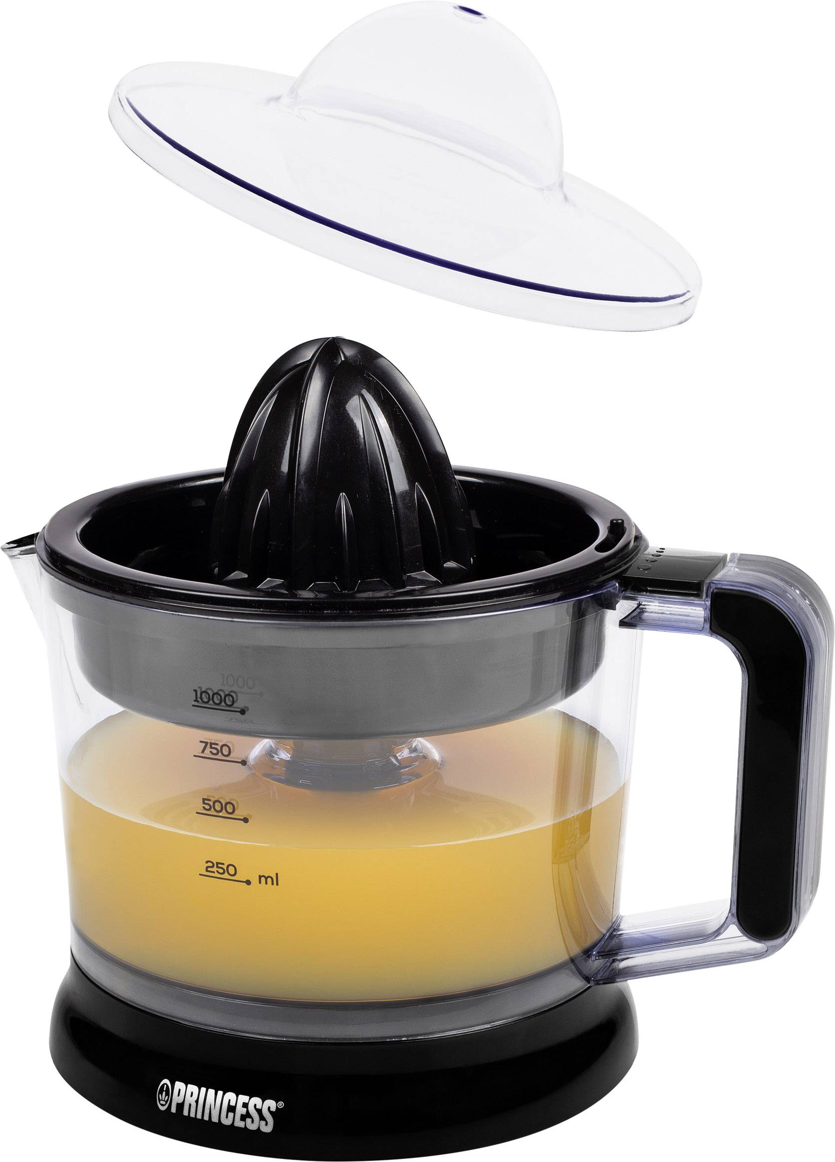 Elektryczna wyciskarka do cytrusów z przezroczystym pojemnikiem, podziałkami pomiarowymi i czarnym stożkiem do wyciskania. Pokrywa unosi się nad nią.