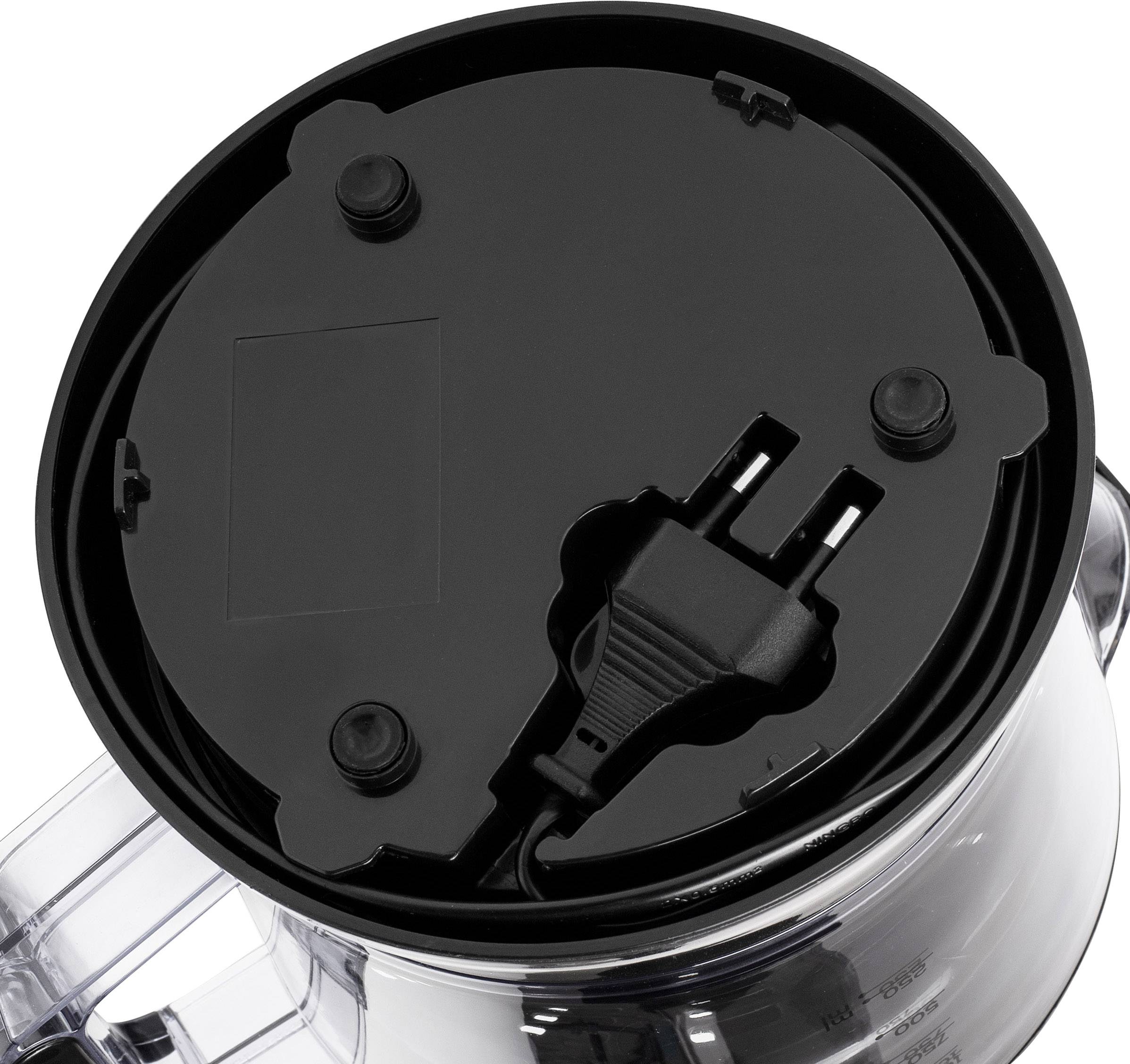 Mikser widziany z góry z nawiniętym przewodem i wtyczką europejską w schowku na spodzie.