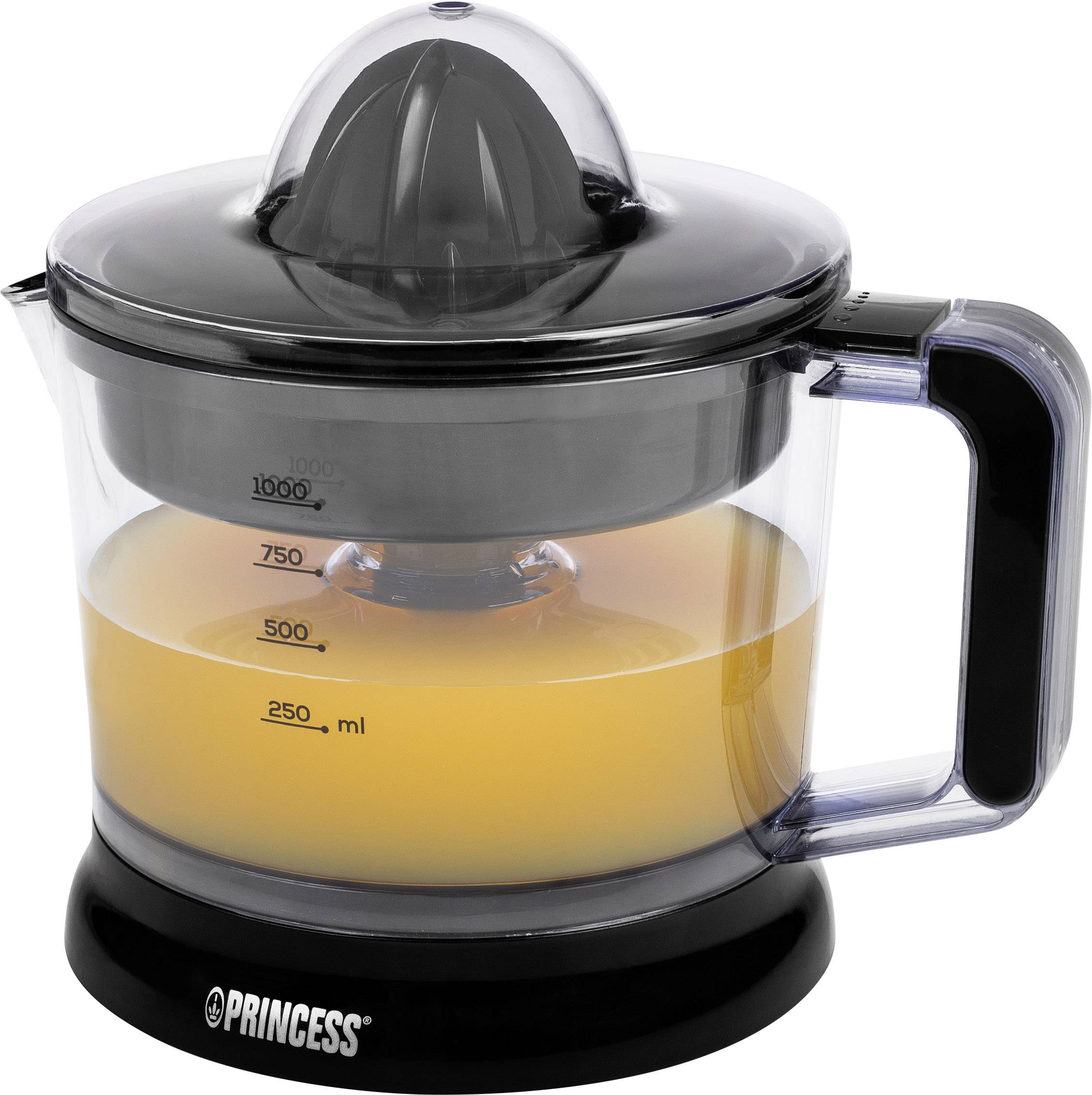 Elektryczna wyciskarka do cytrusów, napełniona do połowy sokiem pomarańczowym, wskazuje pomiary poziomu płynu na boku przezroczystego pojemnika.