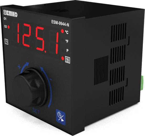 Cyfrowy regulator temperatury z dużym czerwonym wyświetlaczem pokazuje '125.1'. Przycisk regulacyjny umieszczony na dole, kompaktowa czarna obudowa.