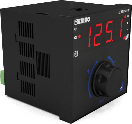 Cyfrowy wyświetlacz temperatury z czerwonym wyświetlaczem LED pokazuje '125,1°C'. Czarna obudowa z pokrętłem i niebieskim napisem 'SET'.