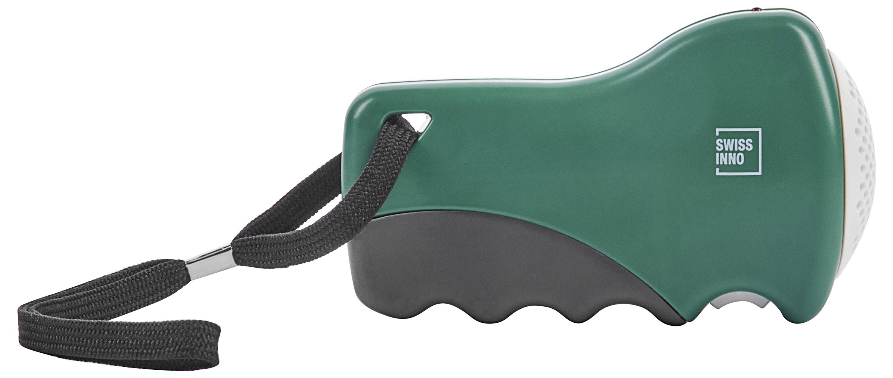 Ręczny zielony przyrząd elektroniczny z czarnym paskiem, oznaczony etykietą 'Swiss Inno'. Używany do kontroli lub szkolenia zwierząt.