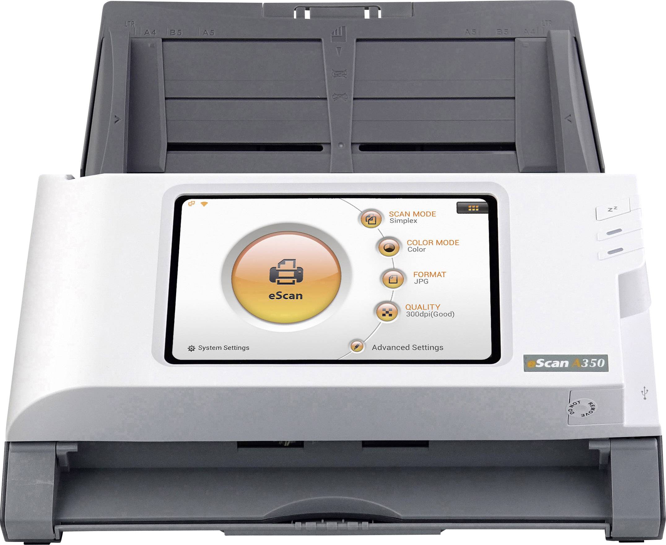 Skaner z ekranem wyświetla opcje 'Tryb skanowania', 'Tryb koloru', 'Format' i 'Jakość'.