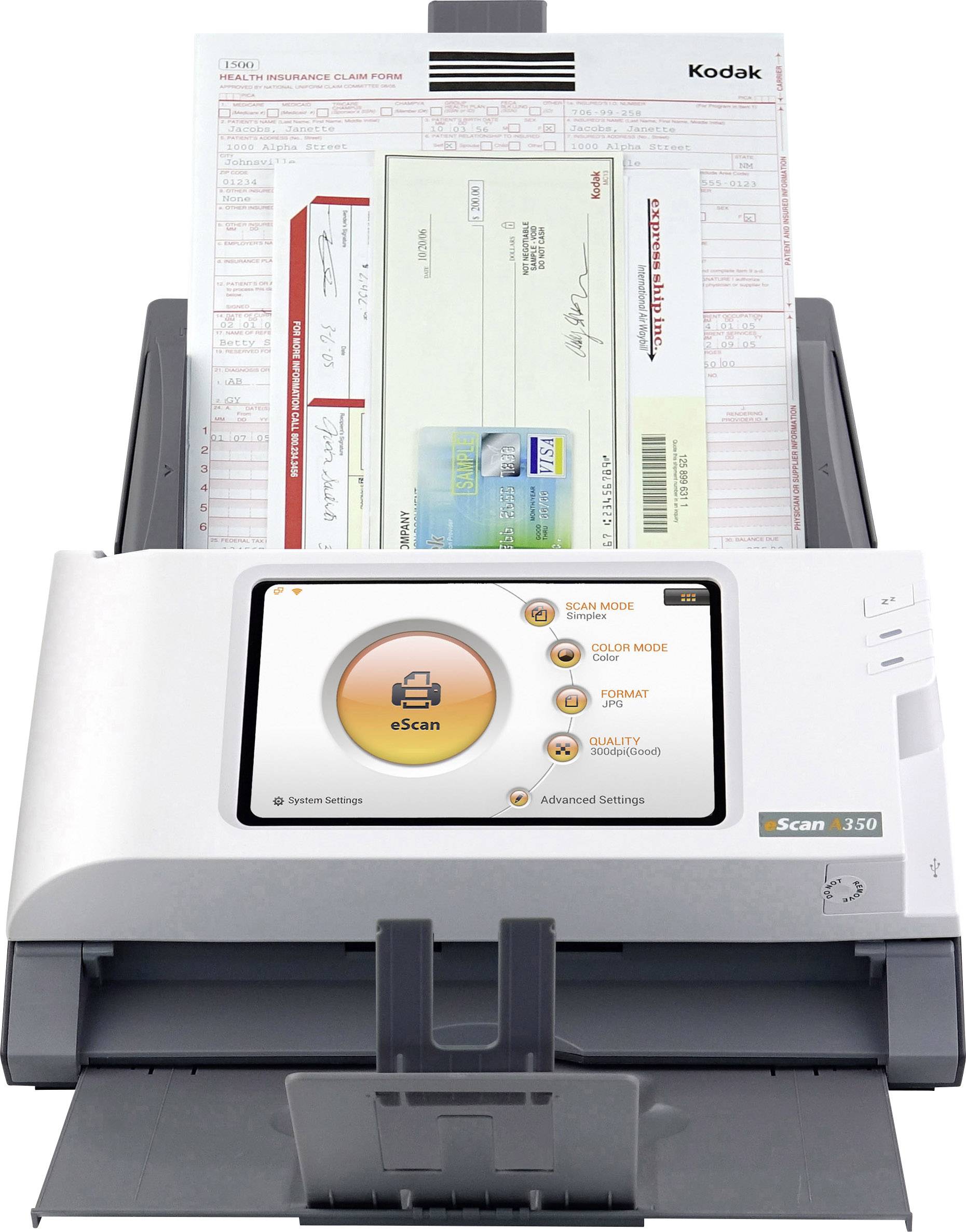 Skaner dokumentów skanuje jednocześnie czek i formularz. Wyświetlacz pokazuje różne tryby skanowania.