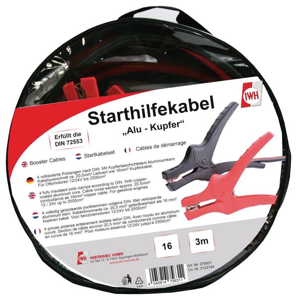 Okrągły pakiet oznaczony etykietą 'Starthilfekabel' z czerwonymi i czarnymi przewodami rozruchowymi do uruchamiania akumulatora pojazdu, długość 3 m, przekrój przewodu 16 mm².