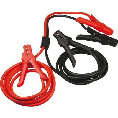 Czerwony i czarny kabel rozruchowy z zaciskami. Czerwony kabel przeznaczony jest do podłączenia do bieguna dodatniego, a czarny do bieguna ujemnego akumulatora samochodowego.