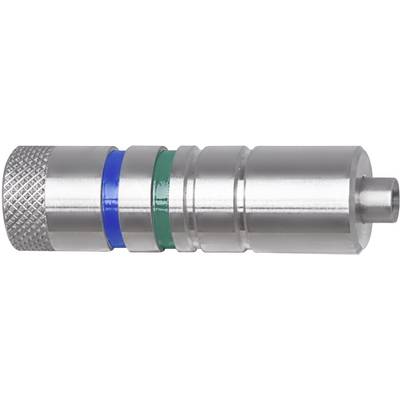 Srebrny metalowy cylinder z niebieskimi i zielonymi paskami oraz prążkowanym końcem.