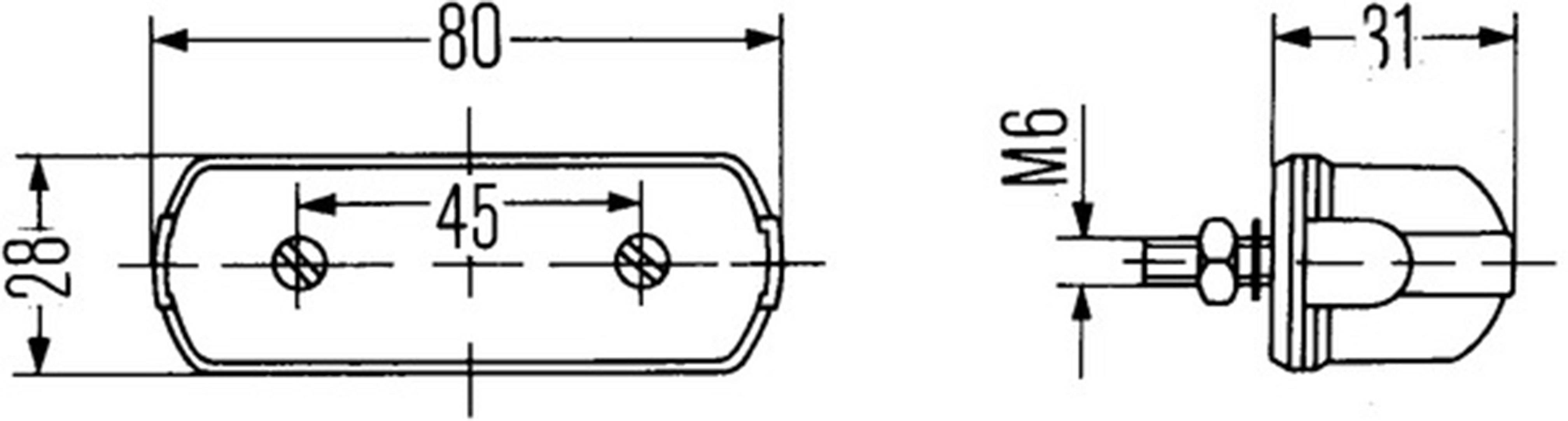 Rysunek techniczny kątownika mocującego: wymiary 80x28 mm, otwory na śruby w rozstawie 45 mm, śruba gwintowana M6, widok boczny 31 mm.