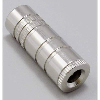 Srebrny cylindryczny adapter metalowy z żebrowanymi pierścieniami na szarym tle.