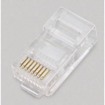 Przezroczysty wtyk RJ-45, stosowany do połączeń Ethernet, prezentuje osiem złotych styków na szarym tle.