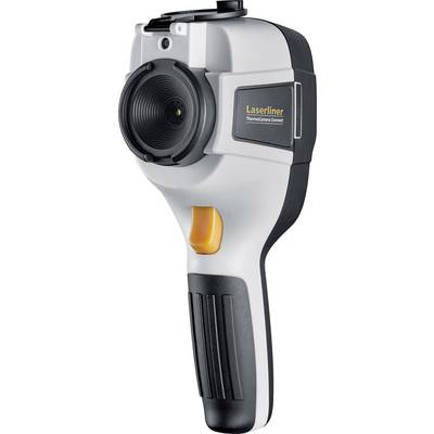Ręczna kamera termowizyjna w kolorach białym i czarnym, z pomarańczowym spustem migawki. Nazwa marki 'Laserliner ThermoCamera Compact' widoczna z boku.