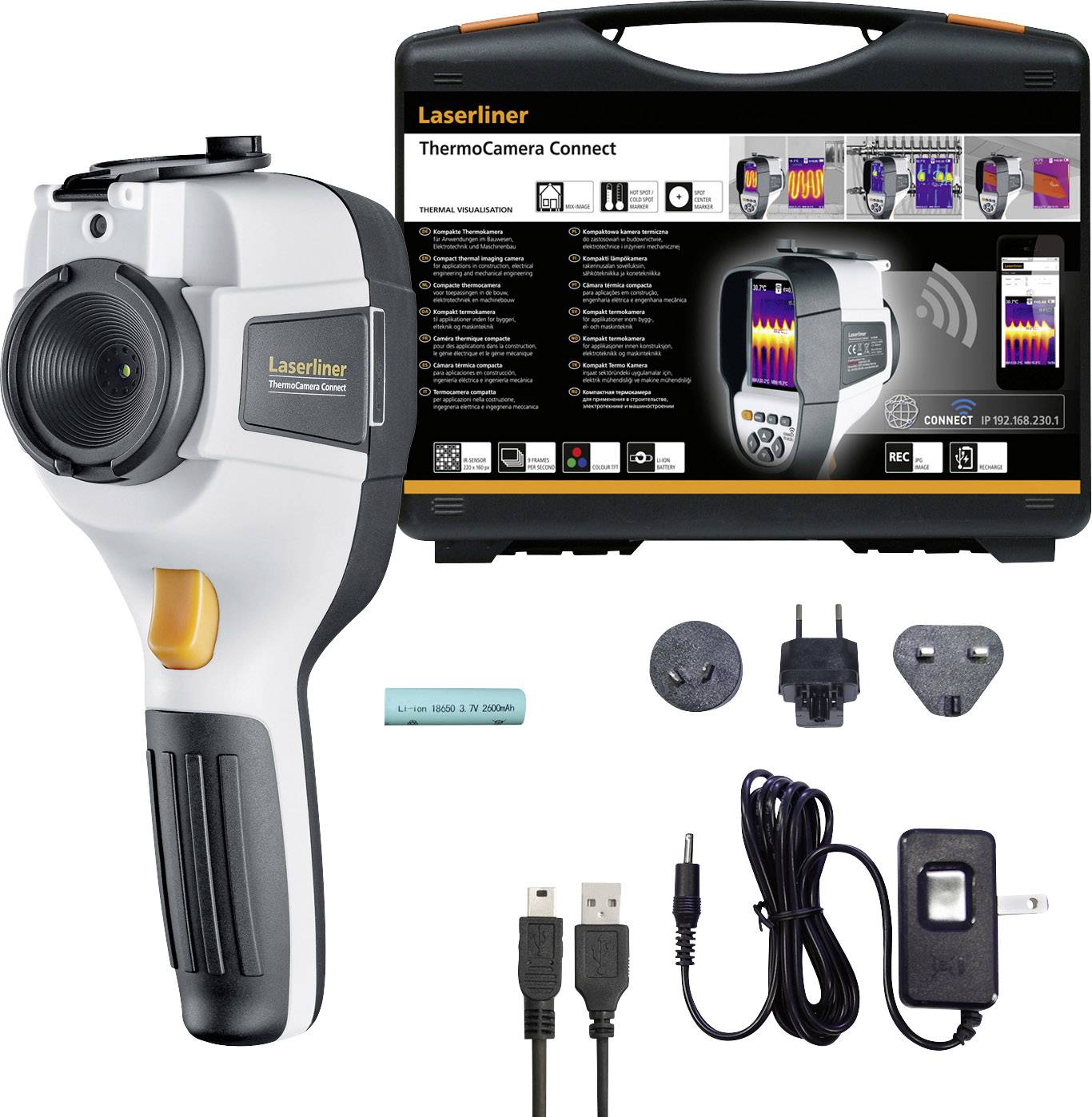 Kamera termowizyjna 'Laserliner ThermoCamera Connect' z akcesoriami, w tym kablami USB, ładowarką, adapterami sieciowymi i walizką transportową.