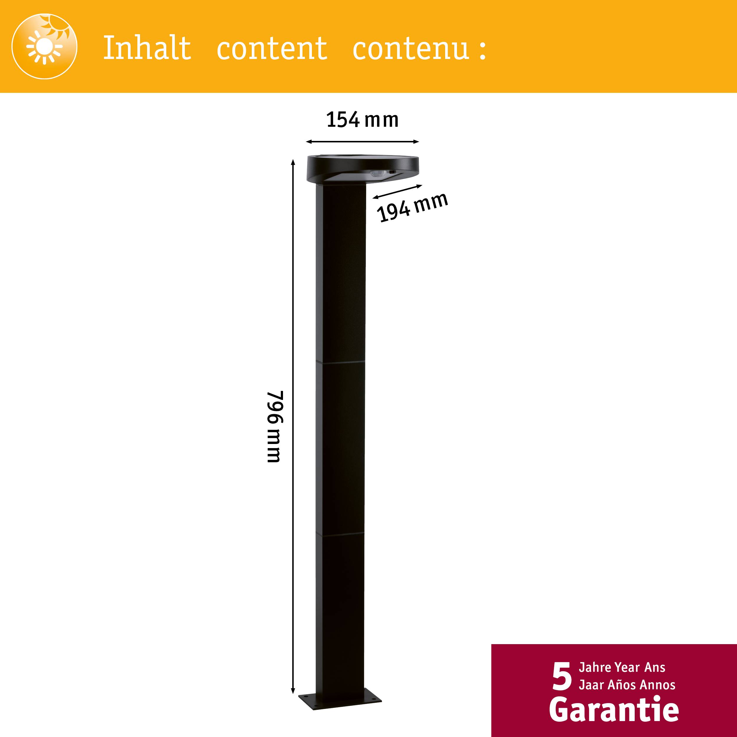 Lampa stojąca, 796 mm wysokości, z kwadratową podstawą. Napis gwarancyjny u dołu po prawej stronie: '5 lat gwarancji'.