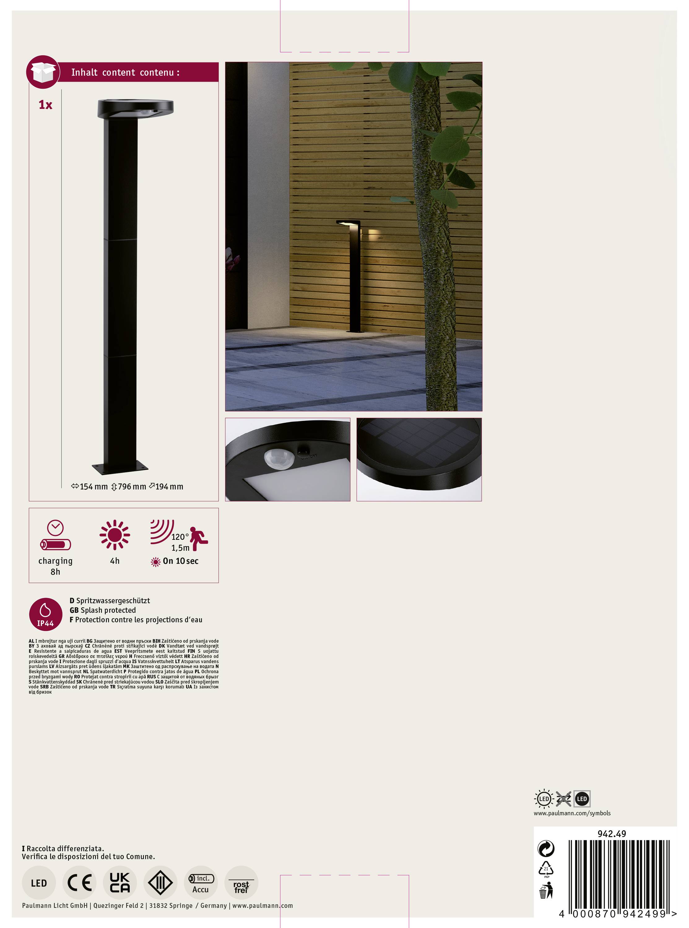 Lampa zewnętrzna z czujnikiem ruchu, 95 cm wysoka, przedstawiająca zdjęcia lampy w dzień i w nocy. Opakowanie zawiera instrukcję montażu.