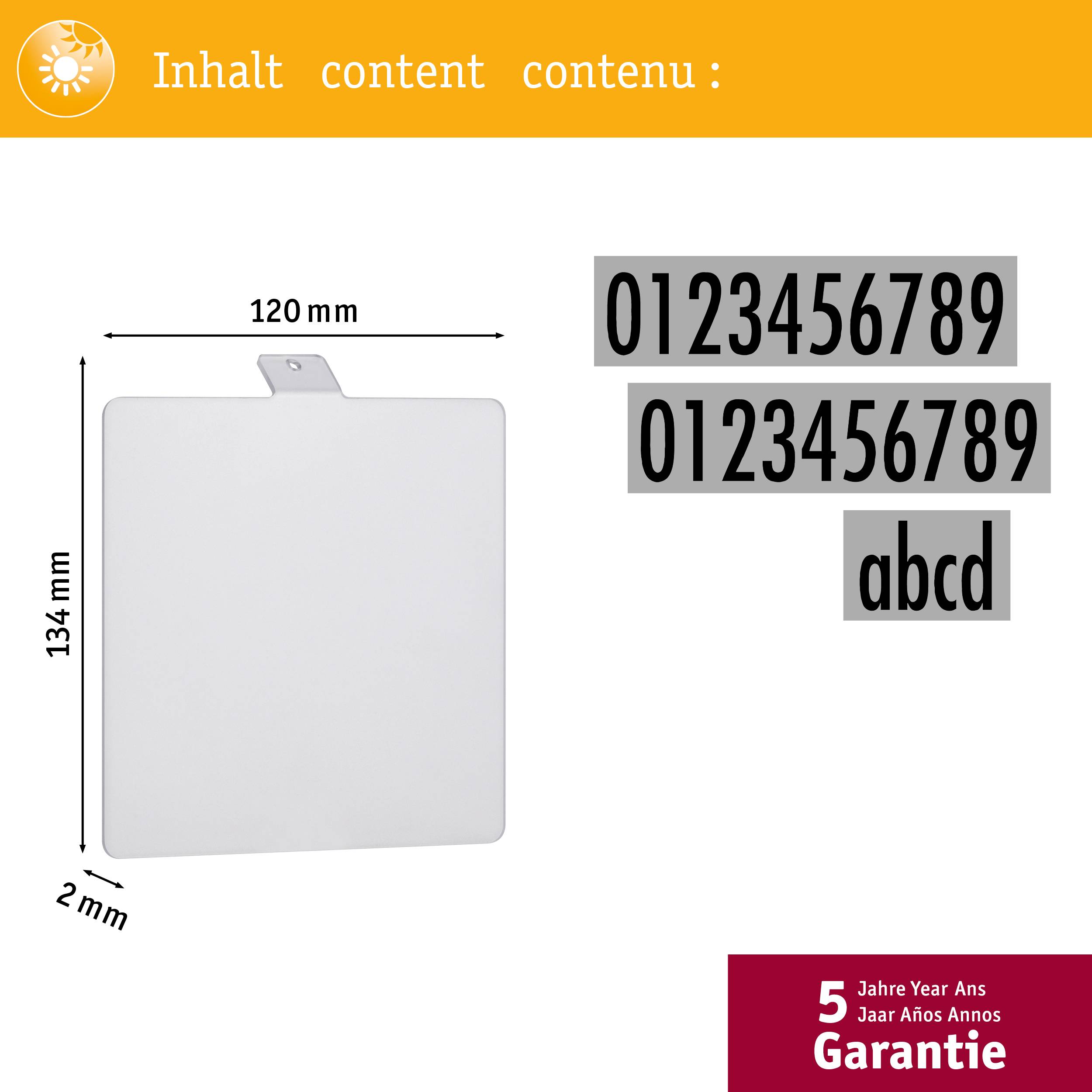 'Produkt o wymiarach 134 mm x 120 mm x 2 mm. Zawiera cyfry 0-9 oraz litery a-d. Pięcioletnia gwarancja.'