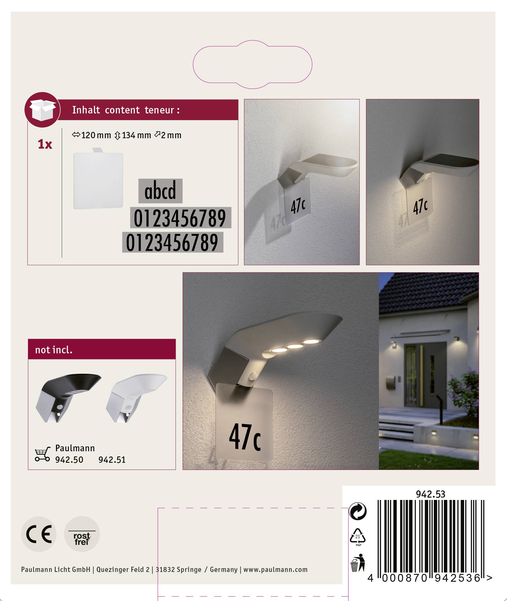 Tylna strona opakowania z podświetleniem, numerem domu i instrukcjami montażowymi. Zawiera zestaw montażowy, naklejki z cyframi; nie zawiera czarnego modelu.