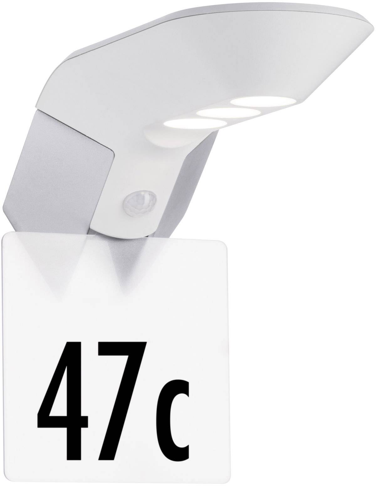 Nowoczesna lampa LED z numerem domu przedstawia numer '47c'. Lampa posiada trzy diody LED i czujnik ruchu.