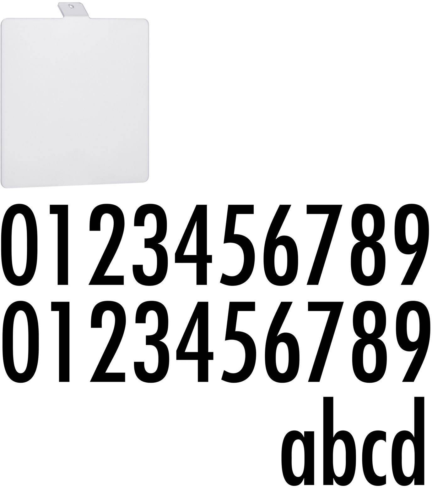 'Biała płyta z tworzywa sztucznego obok dwóch rzędów czarnych cyfr (0-9) oraz wielkoformatowych liter abcd.'