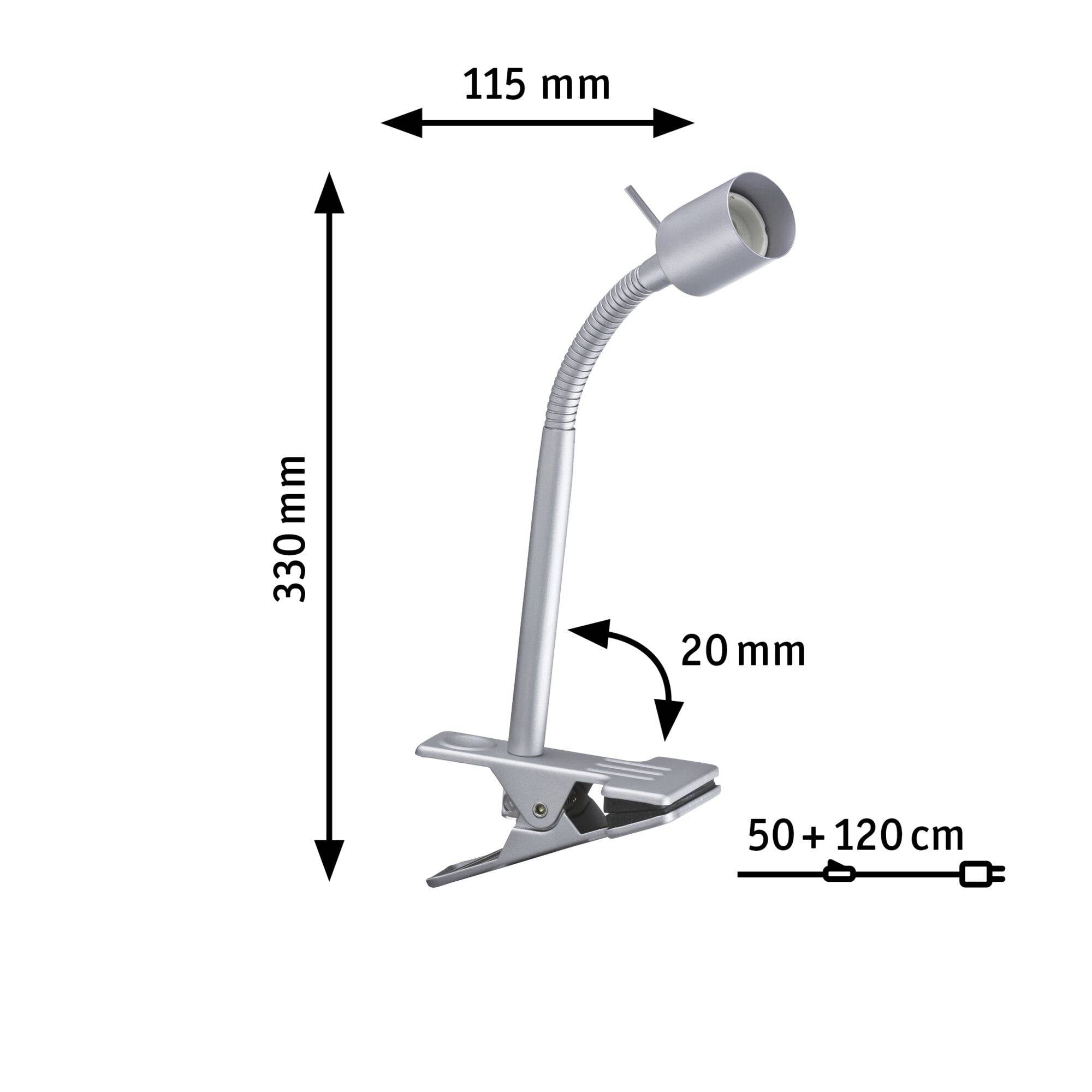 Lampa biurkowa z elastyczną szyją, wymiary: wysokość 330 mm, szerokość 115 mm, zacisk 50 + 120 mm, średnica klosza 20 mm.