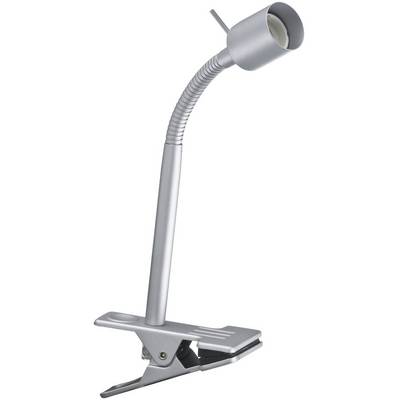 Srebrna lampa zaciskowa z elastyczną szyją, przeznaczona do mocowania na stołach lub półkach, zapewniająca precyzyjne oświetlenie w strefach roboczych.