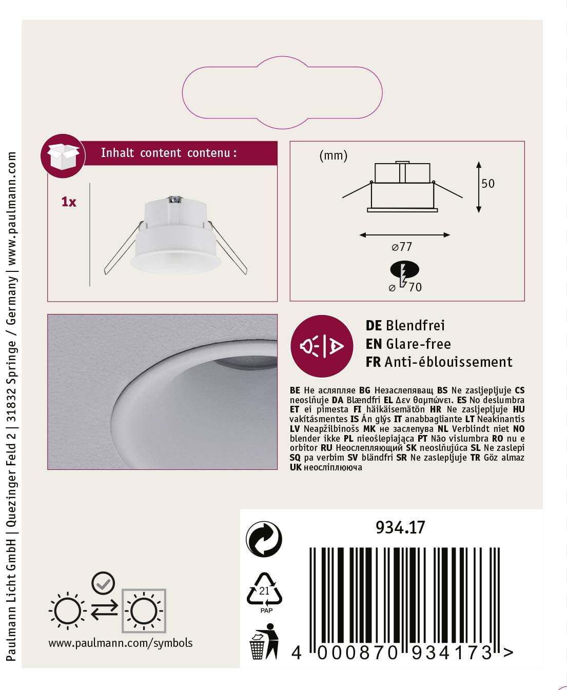 'Zestaw bezrefleksowych podtynkowych opraw LED, 1 sztuka. Wymiary: Ø77 mm, wysokość 50 mm. Zawartość: 1x oprawa. Producent: Paulmann Licht GmbH.'