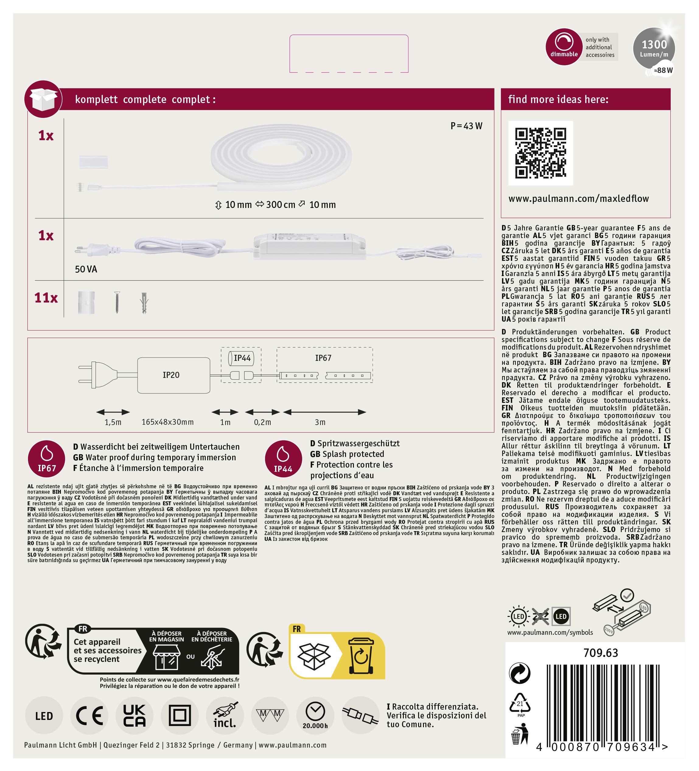 Zestaw taśmy LED Paulmann z zasilaczem. Długość: 5m, Moc: 43W. W zestawie akcesoria. Podane zastosowania i wskazówki bezpieczeństwa.