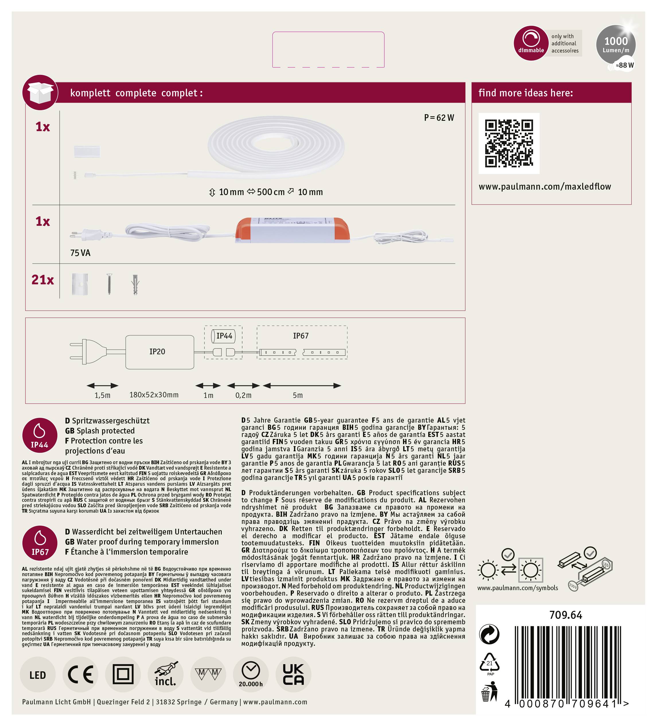 Zestaw pasów LED z akcesoriami: 1x zasilacz sieciowy, 1x pilot, 1x pas LED 5m. Informacje dotyczące instalacji i wskazówki bezpieczeństwa.