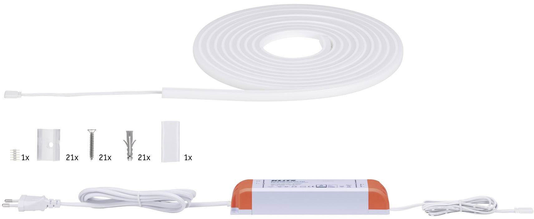 Zestaw pasków LED wraz z zasilaczem i akcesoriami montażowymi, składający się ze śrub, uchwytów mocujących i kołków rozporowych.
