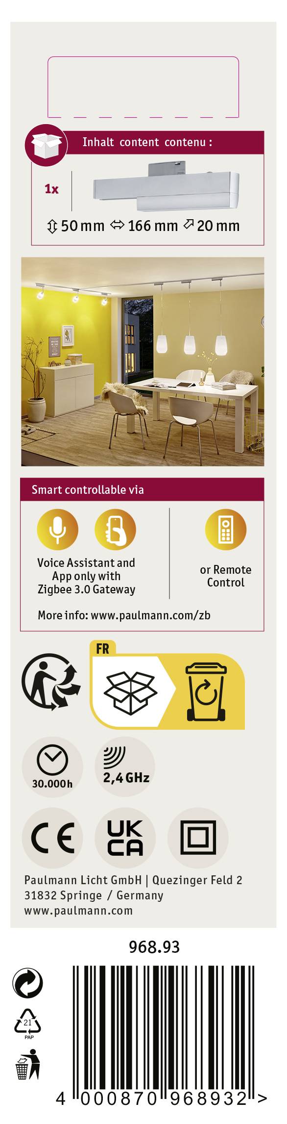 Etykieta opakowania do ściemnialnej lampy LED z inteligentnymi opcjami sterowania oraz odpowiednimi symbolami bezpieczeństwa