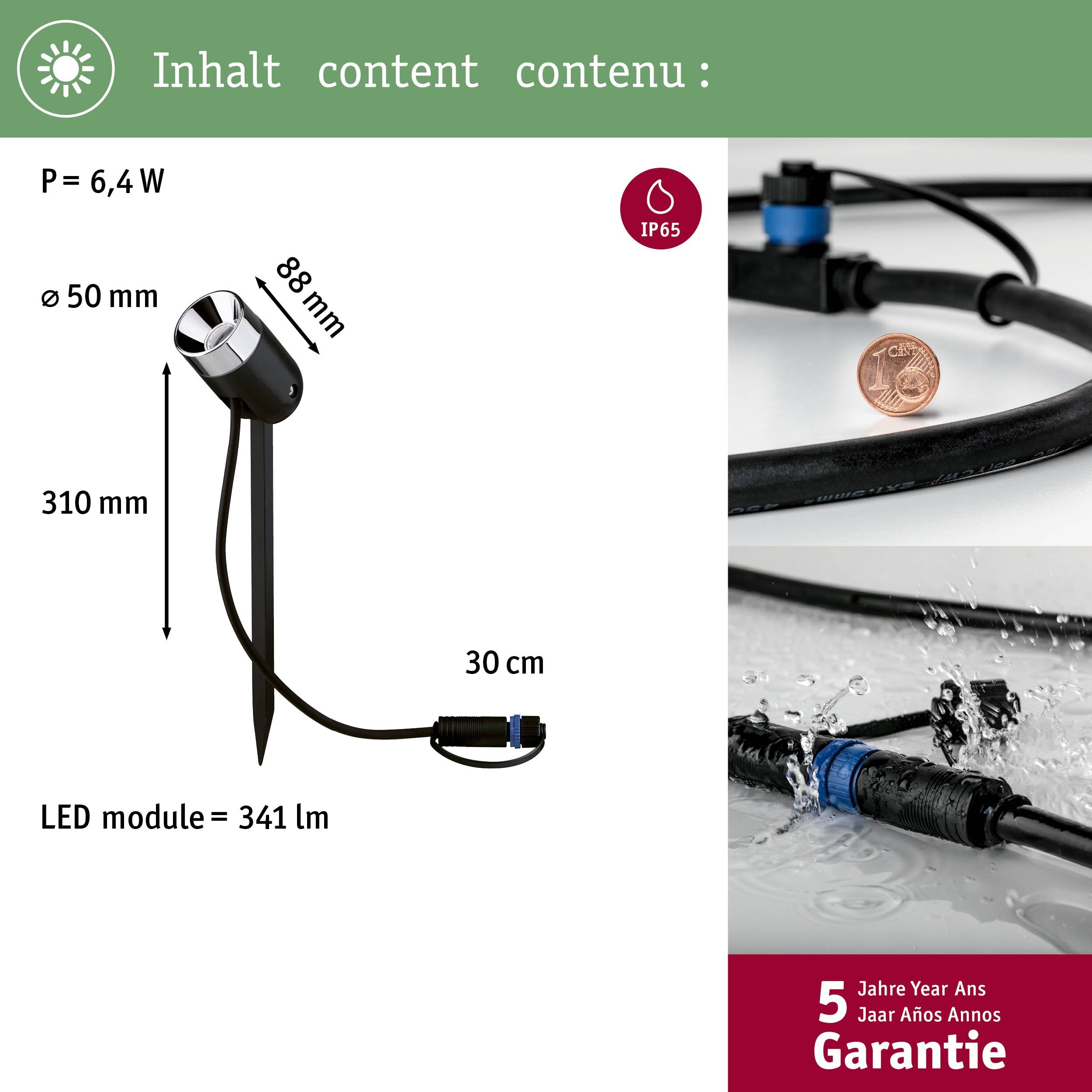 'Wymiary i szczegóły wodoszczelnej lampy LED, certyfikowanej zgodnie z normą IP65, z 5-letnią gwarancją. Wysokość 310 mm, Ø 50 mm, 6,4 W, moduł LED 341 lm.'