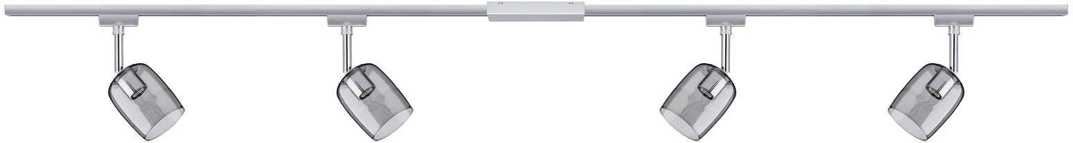 Lampa sufitowa w nowoczesnym stylu dla czterech osób, składająca się z obrotowych, prostokątnych opraw zamocowanych na poziomej belce.