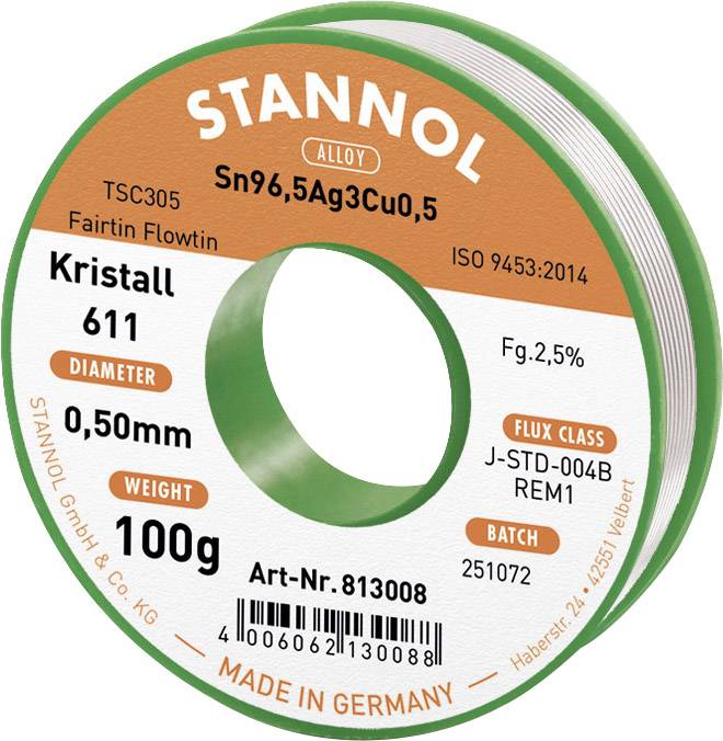 Олово для паяння без свинцю Stannol Kristall 611 Fairtin Sn96.5Ag3Cu0.5 REM1 100 г 0.5 мм