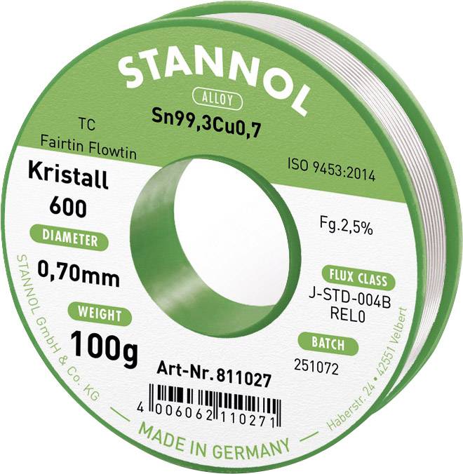 Олово для паяння без свинцю Stannol Kristall 600 Fairtin Sn99.3Cu0.7 REL0 100 г 0.7 мм