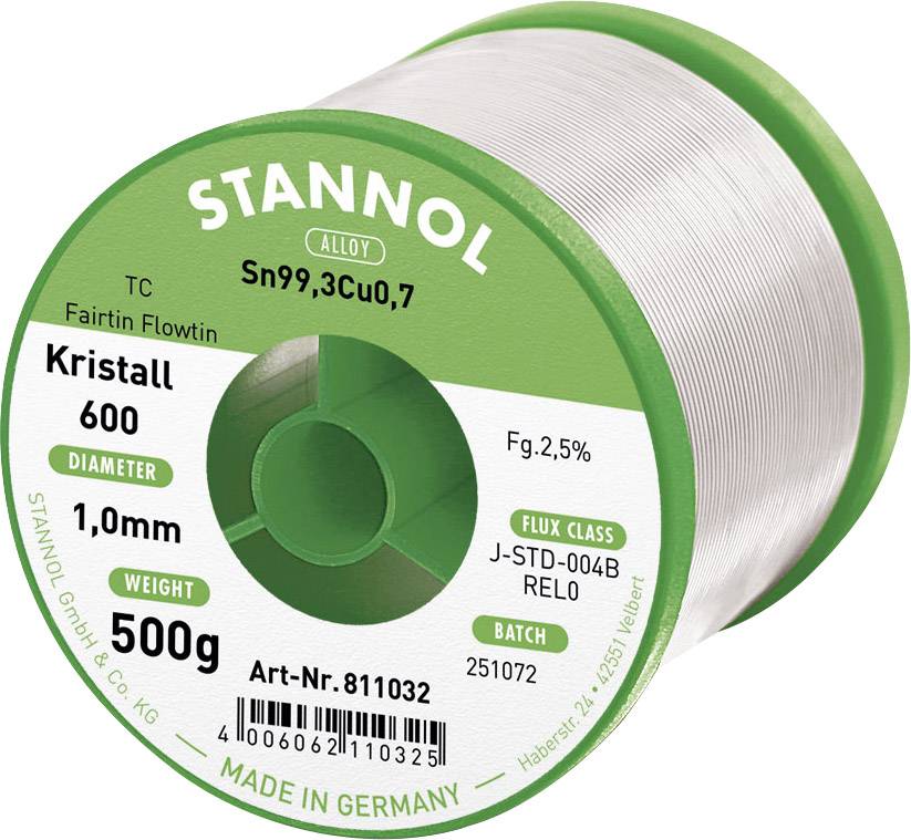 Олово для паяння без свинцю Stannol Kristall 600 Fairtin Sn99.3Cu0.7 REL0 500 г 1 мм