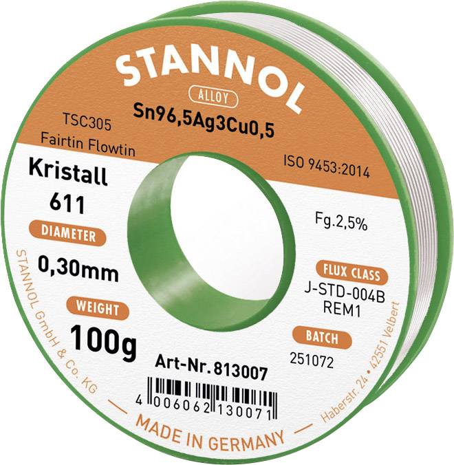 Stannol Kristall 611 Fairtin Припій без свинцю Sn96.5Ag3Cu0.5 REM1 100 г 0.3 мм