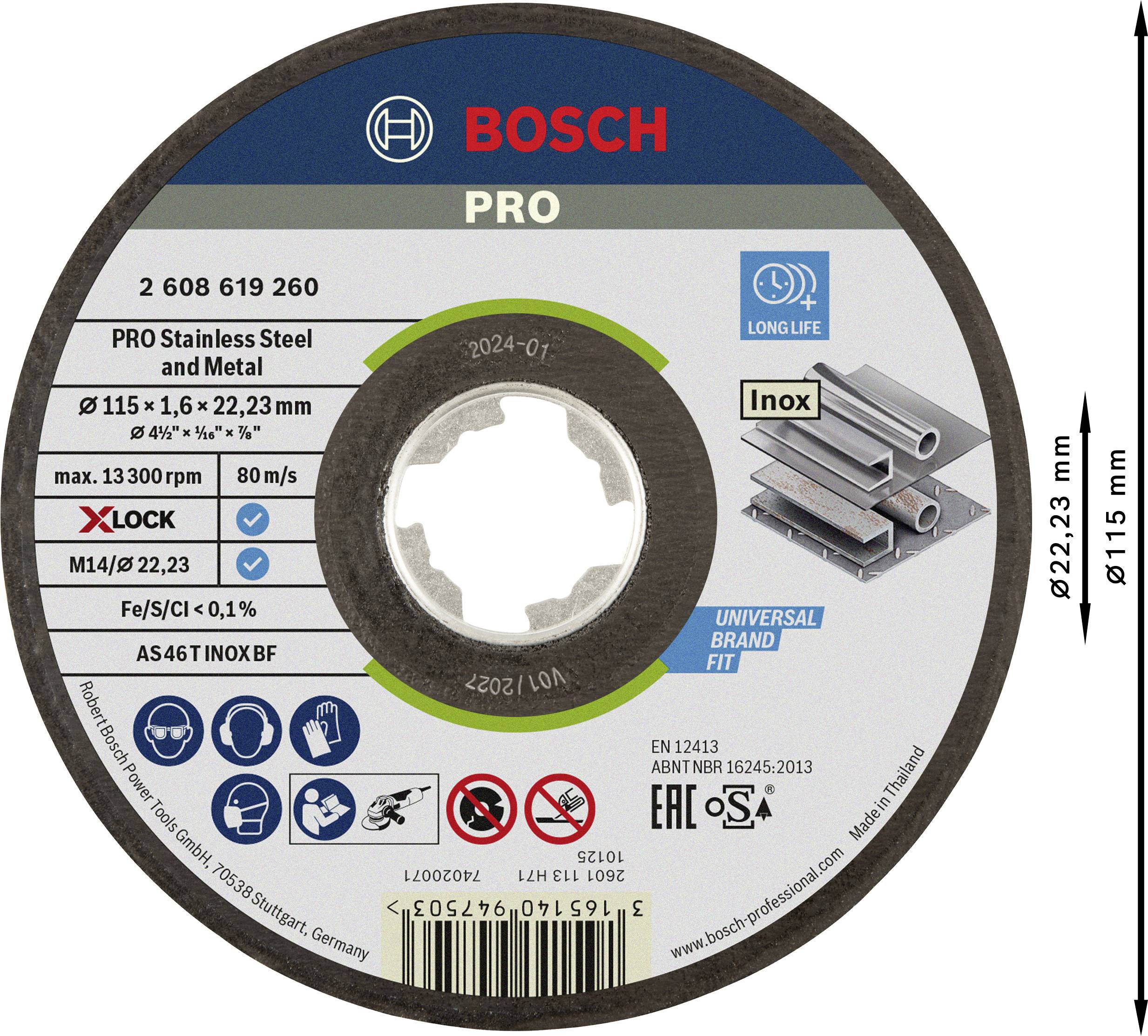 Tarcza tnąca Bosch PRO do stali nierdzewnej i metalu, rozmiar 115 x 1,6 x 22,23 mm, z systemem X-Lock i prędkością 80 m/s.