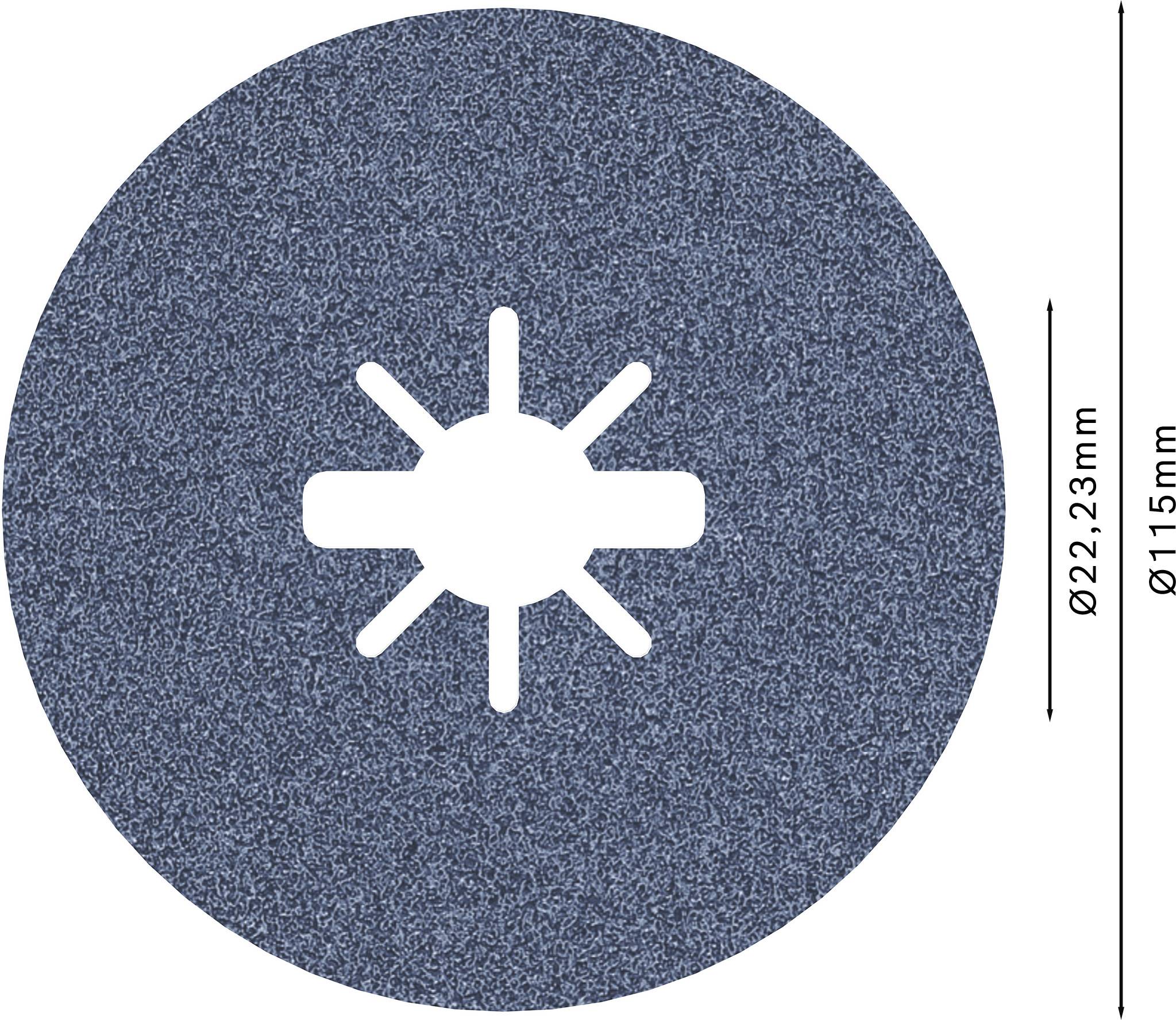Tarcza szlifierska o średnicy 115 mm z otworem 22,23 mm w środku. Ma sześć promieniowych wycięć.