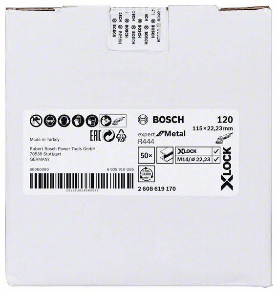'Opakowanie tarczy tnącej Bosch do metalu, 115 x 22,23 mm, Expert R444, system X-LOCK, 50 sztuk. Wyprodukowane w Turcji, logo Bosch.'