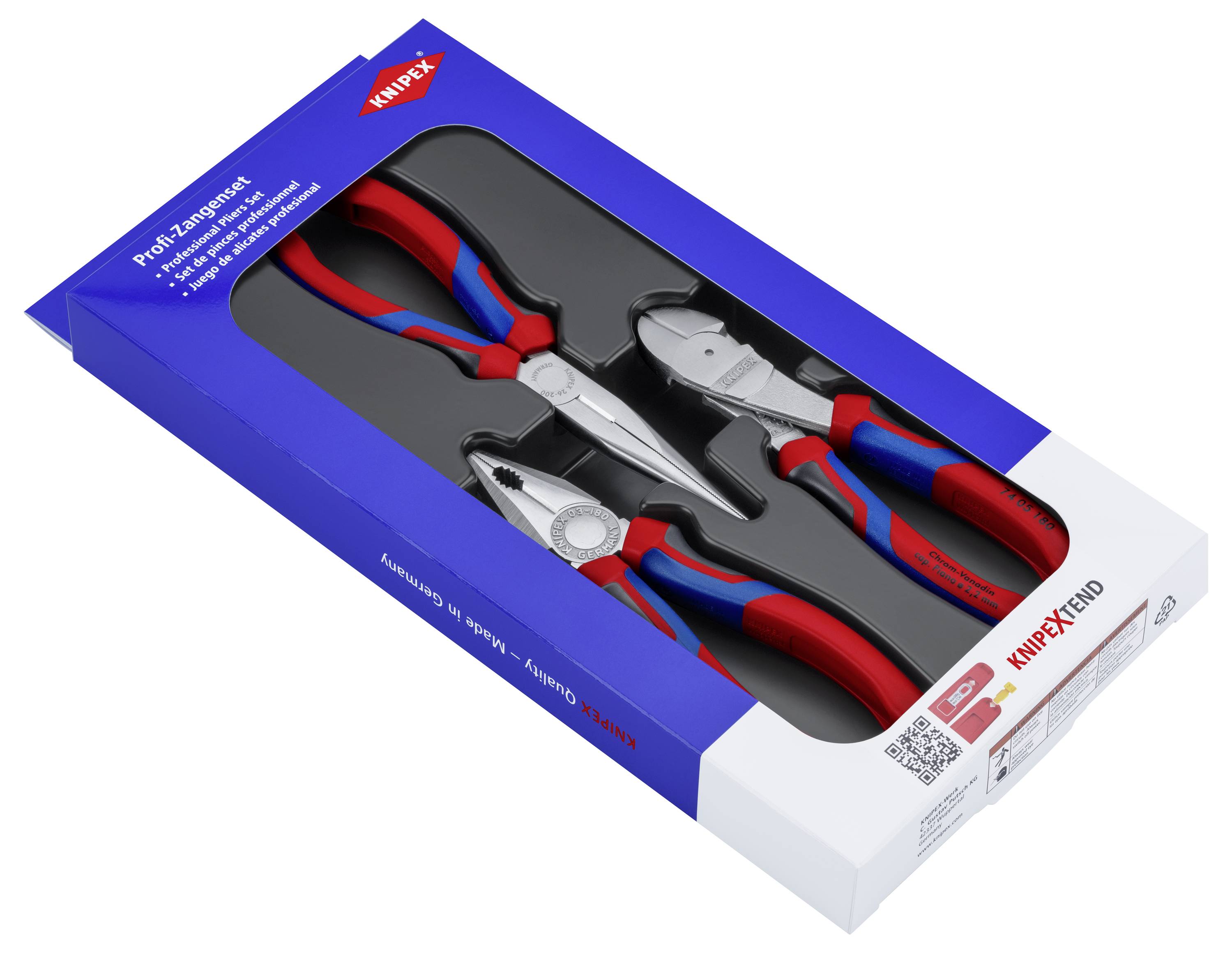 Zestaw trzech różnych szczypiec w niebiesko-czerwonym opakowaniu, narzędzie firmy Knipex.