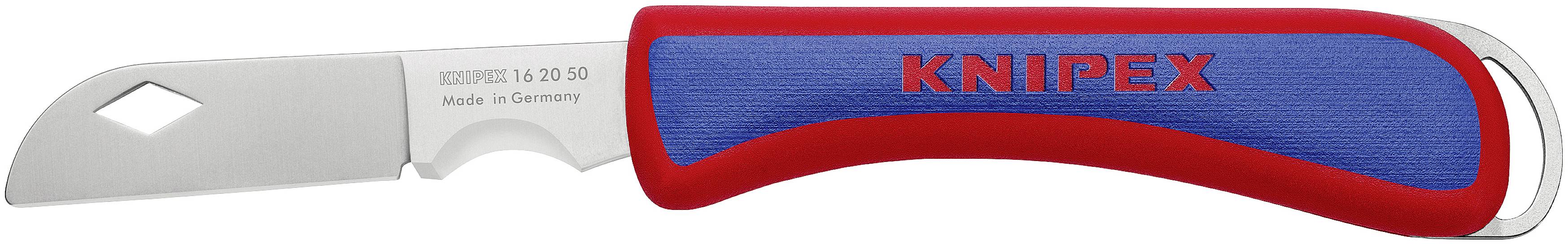 Nóż do kabli z czerwonym i niebieskim uchwytem, na którym widnieje napis 'Knipex'. Ostrze jest częściowo widoczne i odpowiednie do prac kablowych.