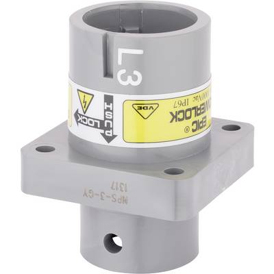 Szary element z tworzywa sztucznego z żółtą etykietą ostrzegawczą i oznaczeniami, który prawdopodobnie należy do urządzenia elektrycznego lub mechanicznego.