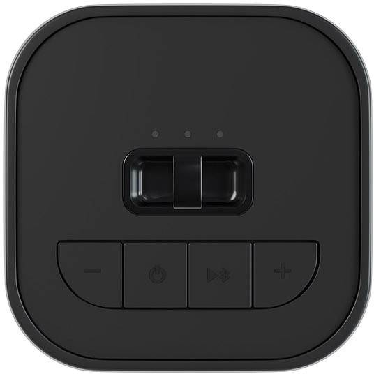 Tylna strona głośnika z przełącznikiem i czterema przyciskami: Ciszej, Włącz/Wyłącz, Bluetooth, Głośniej.