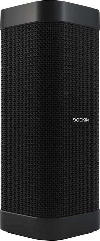 Przenośny głośnik Bluetooth z czarną obudową i delikatnym wzorem siatki, z widocznym logo marki 'Dockin' na przedniej stronie.