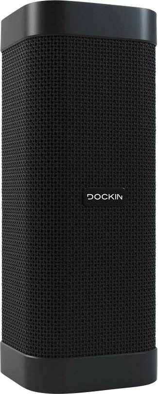 Czarny, przenośny głośnik Bluetooth o prostokątnym kształcie, z widoczną nazwą marki 'DOCKIN' na pierwszym planie.