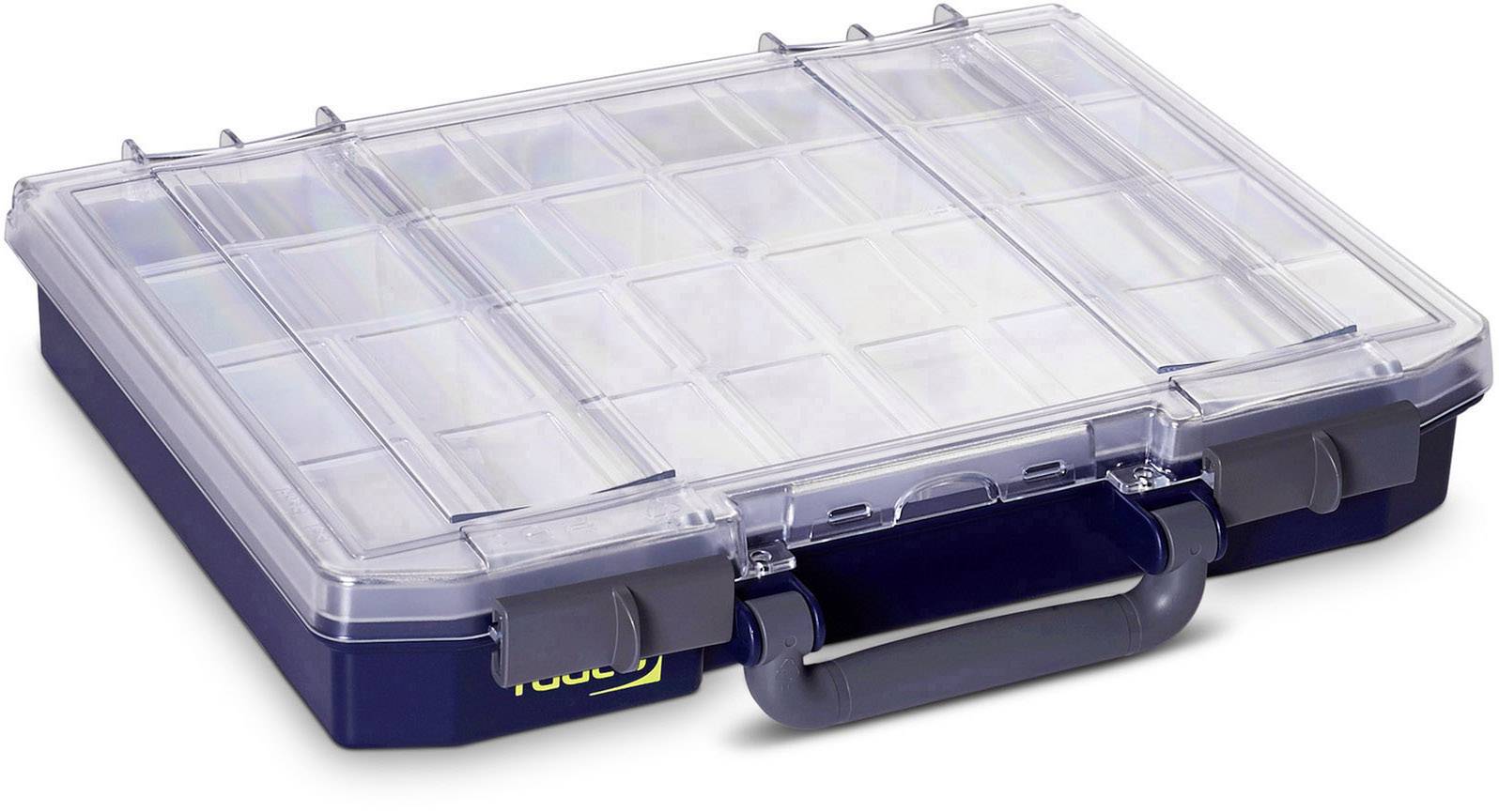 Przezroczysty plastikowy pojemnik do przechowywania małych przedmiotów, zamknięty z widocznym uchwytem na górze.