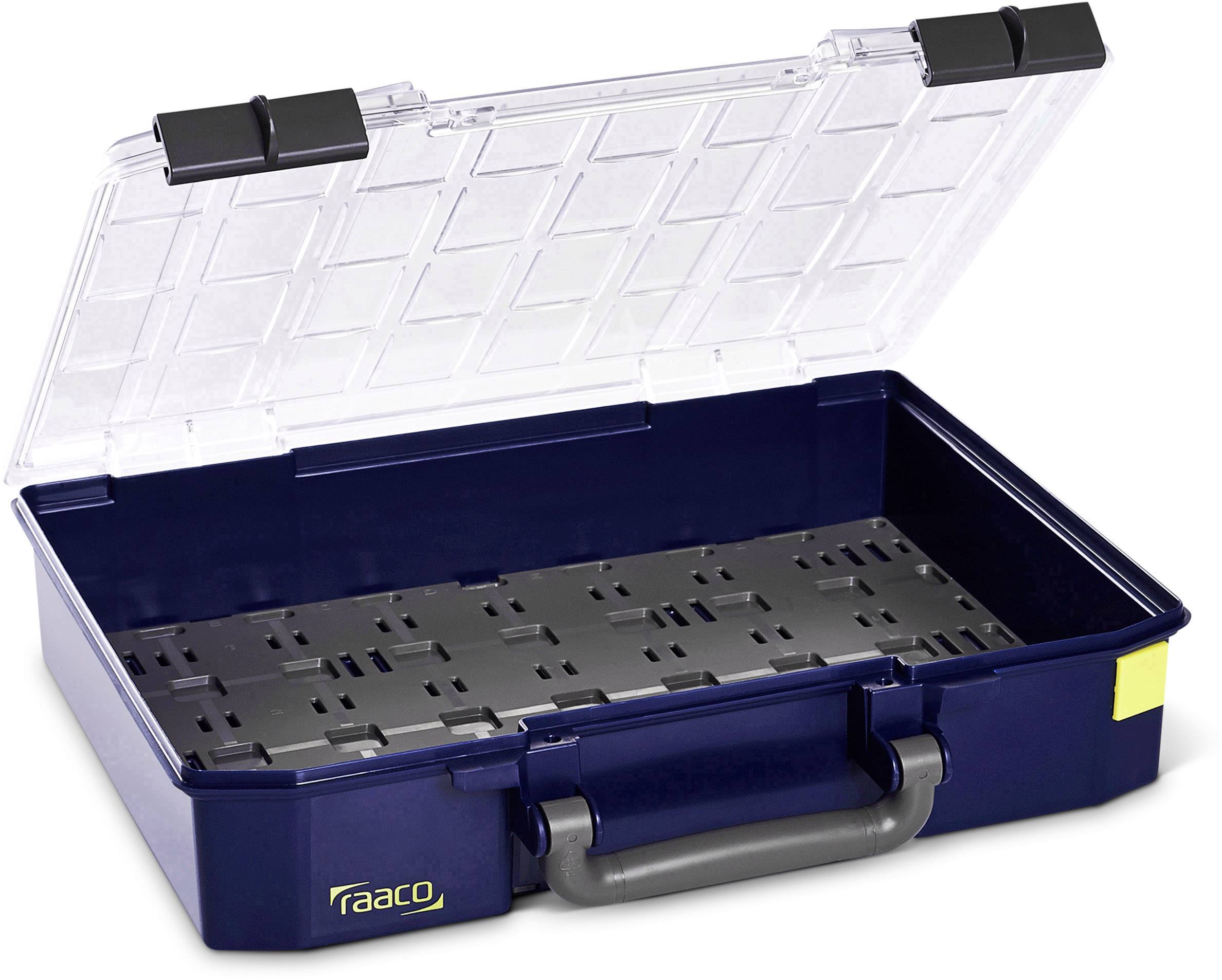 Otwarty, pusty kufer na narzędzia z przezroczystą pokrywą i szarym uchwytem.